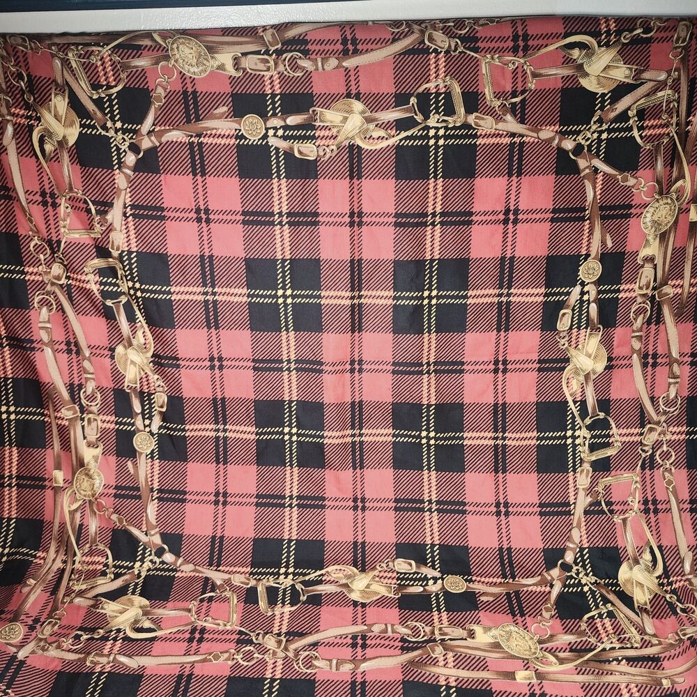 Vintage Equestrian Plaid Scarf Red Black Gold Chain Print